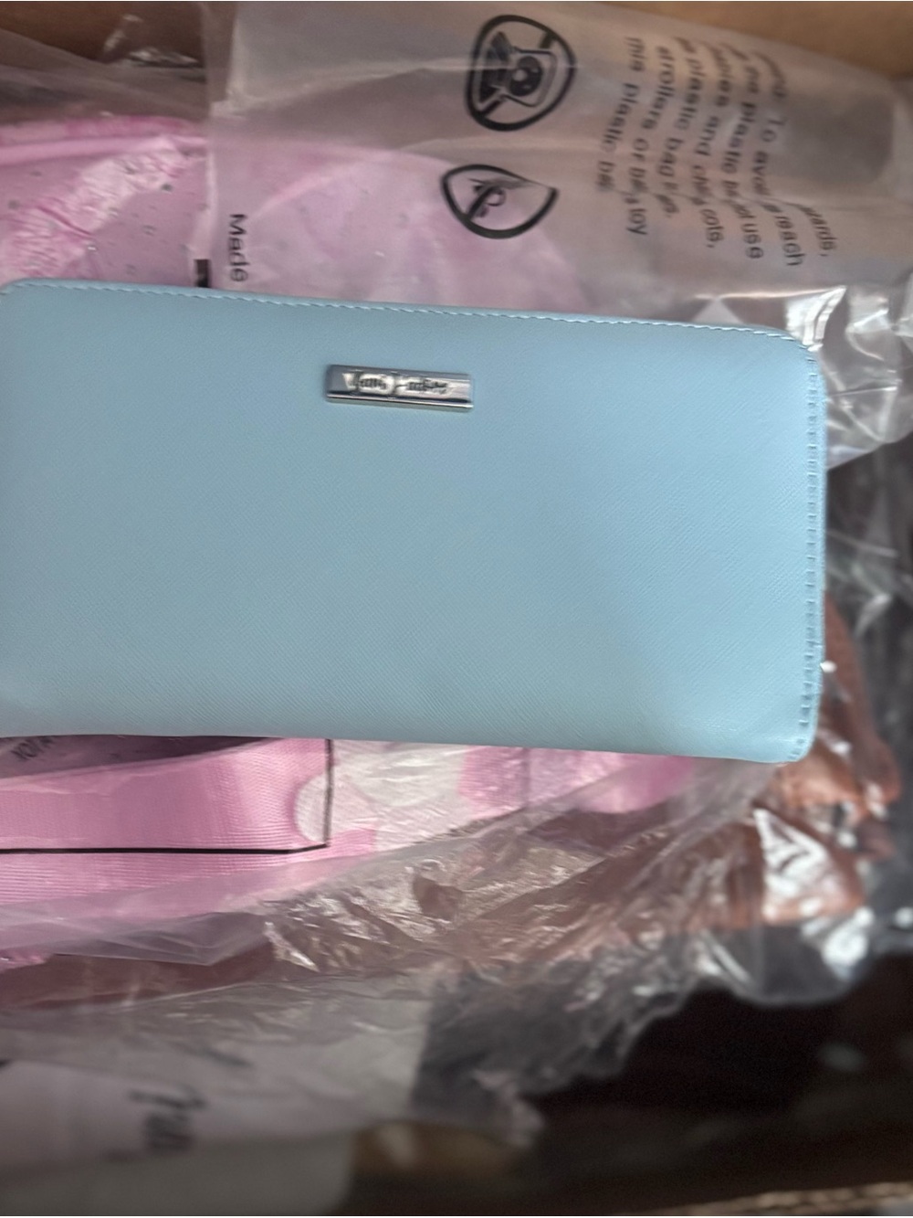 Light Blue Zip-Around Wallet with Silver Logo Plaque